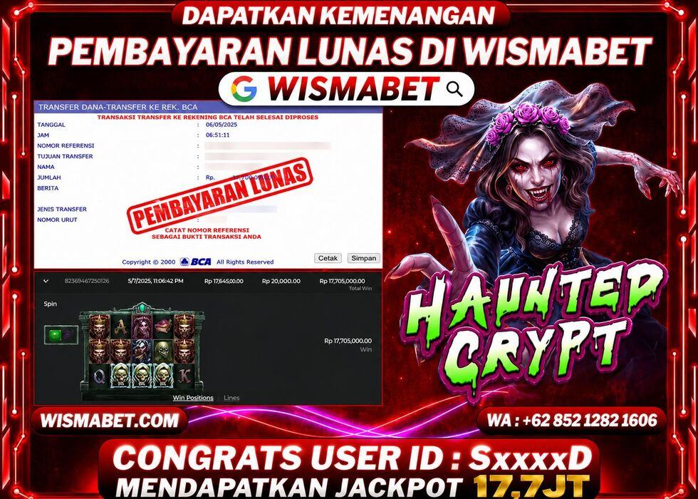 Wismabet - BUKTI KEMENANGAN JACKPOT Haunted Crypt Rp17,700,000,- LUNAS